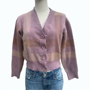 Witty Fox Cottagecore Plaid Crop Cardigan Sweater Pink Tan Size S